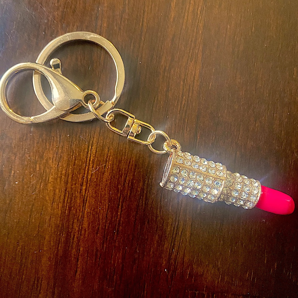 NWOT Hot pink lipstick with rhinestones keychain